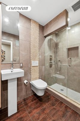 Bathroom, Glass Shower, Interior, Recessed Lighting, Wood Texture Flooring
