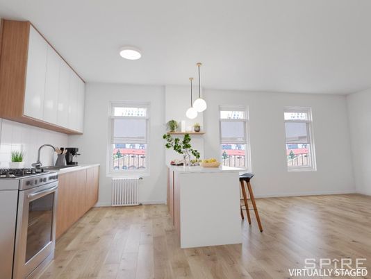 Interior, Kitchen, Pendant Lights, Stainless Steel Appliances, Wood Texture Flooring