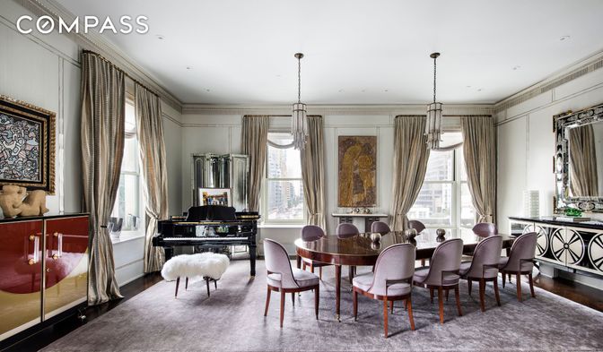 Dining room, Interior, Pendant Lights, Piano, Recessed Lighting, Wood Texture Flooring