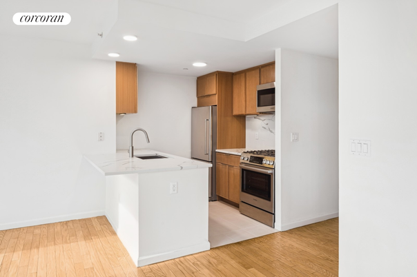 Interior, Kitchen, Recessed Lighting, Stainless Steel Appliances, Wood Texture Flooring