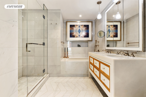 Bathroom, Dual Sink Vanities, Glass Shower, Interior, Pendant Lights, Recessed Lighting