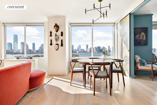 Dining room, Interior, Pendant Lights, Water, Wood Texture Flooring