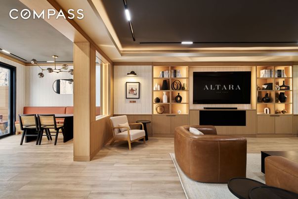 Dining room, Interior, Living room, Pendant Lights, Recessed Lighting, Wood Texture Flooring