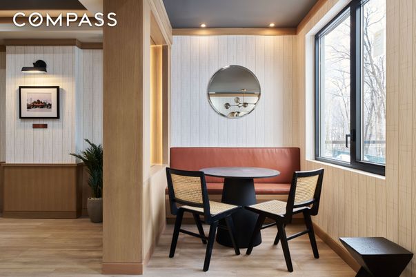 Dining room, Interior, Recessed Lighting, Wood Texture Flooring