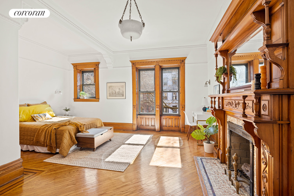 Bedroom, Fireplace, Interior, Wood Texture Flooring