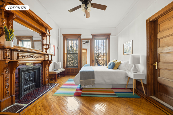 Bedroom, Fireplace, Interior, Wood Texture Flooring