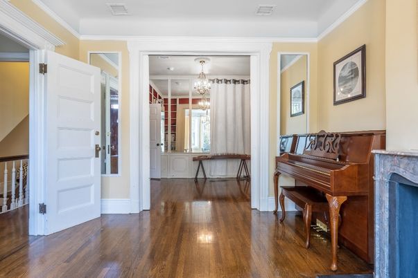 Chandelier, Fireplace, Interior, Piano, Wood Texture Flooring
