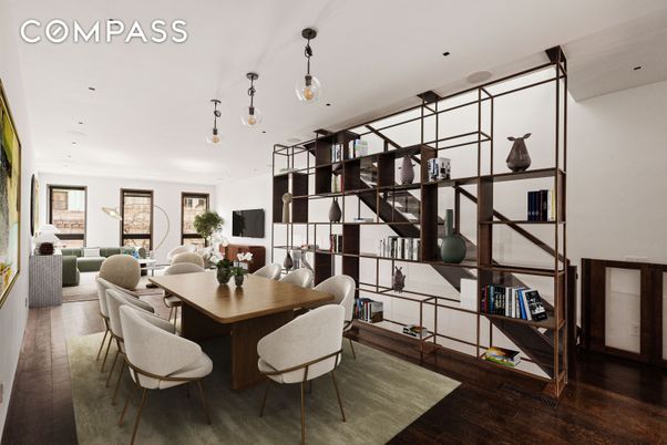 Dining room, Interior, Living room, Pendant Lights, Recessed Lighting, Wood Texture Flooring