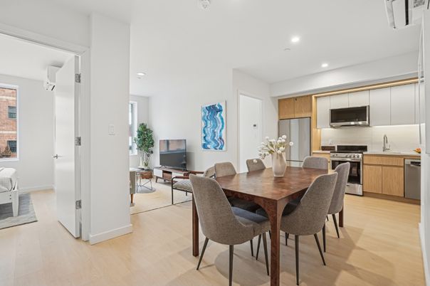 Dining room, Interior, Kitchen, Recessed Lighting, Stainless Steel Appliances, Wood Texture Flooring