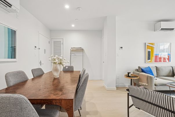 Dining room, Interior, Living room, Recessed Lighting, Wood Texture Flooring