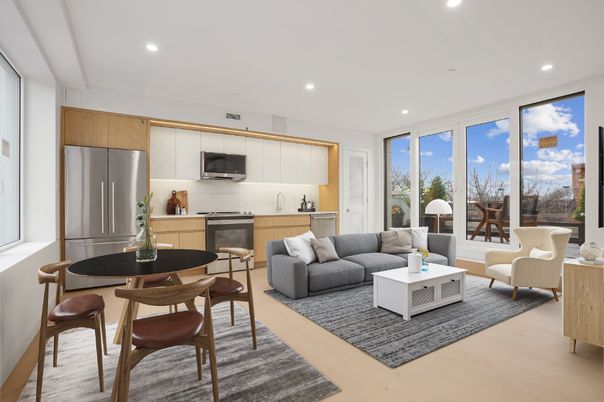 Dining room, Interior, Kitchen, Living room, Recessed Lighting, Stainless Steel Appliances, Wood Texture Flooring