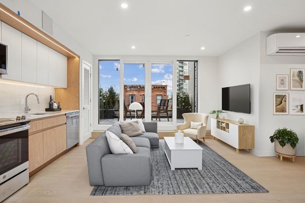 Interior, Kitchen, Living room, Recessed Lighting, Stainless Steel Appliances, Wood Texture Flooring