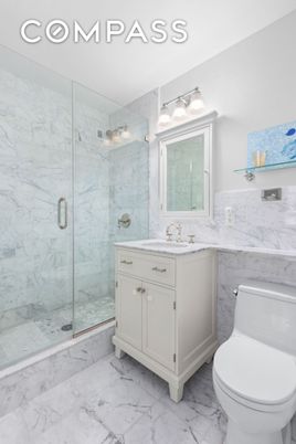 Bathroom, Glass Shower, Interior, Marble, Marble Walls, Recessed Lighting