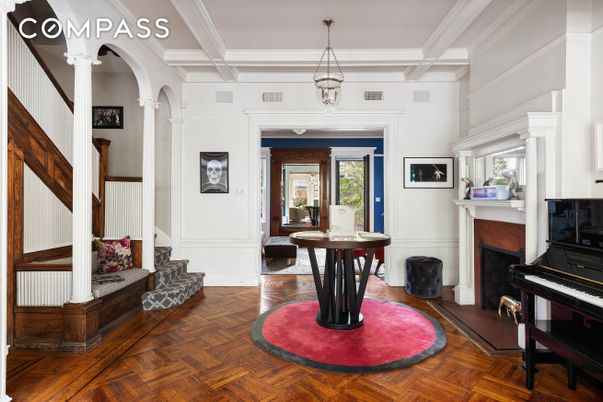 Fireplace, Interior, Pendant Lights, Piano, Wood Texture Flooring