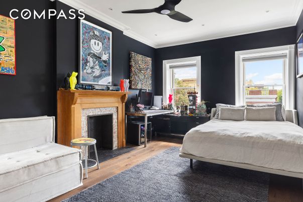 Bedroom, Fireplace, Interior, Recessed Lighting, Wood Texture Flooring