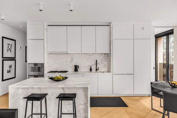 Interior, Kitchen, Marble Walls, Wood Texture Flooring