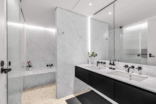 Bathroom, Dual Sink Vanities, Glass Shower, Interior, Marble Walls, Recessed Lighting