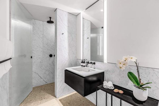 Bathroom, Glass Shower, Interior, Marble Walls