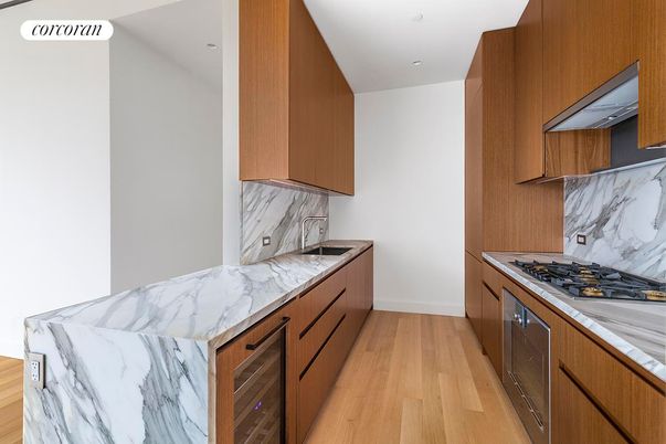 Interior, Kitchen, Marble Walls, Recessed Lighting, Wood Texture Flooring