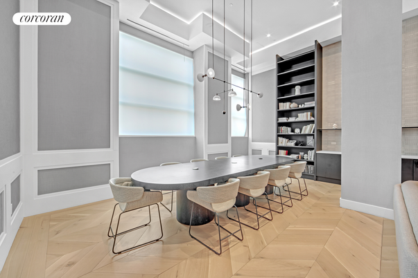 Dining room, Interior, Pendant Lights, Recessed Lighting, Wood Texture Flooring