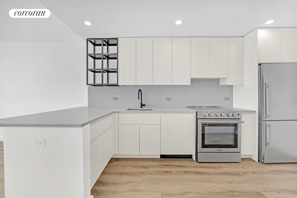 Interior, Kitchen, Recessed Lighting, Stainless Steel Appliances, Wood Texture Flooring