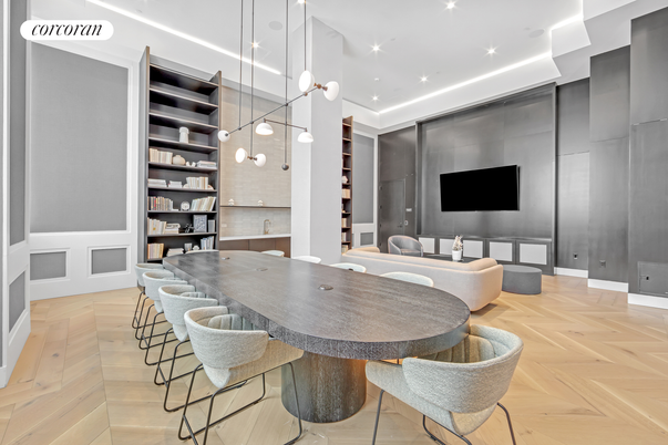 Dining room, Interior, Pendant Lights, Recessed Lighting, Wood Texture Flooring