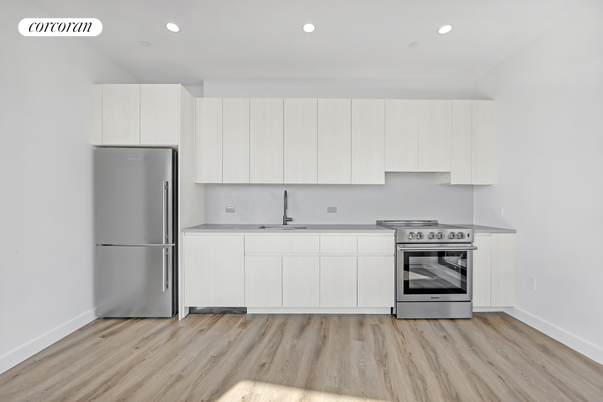 Interior, Kitchen, Recessed Lighting, Stainless Steel Appliances, Wood Texture Flooring