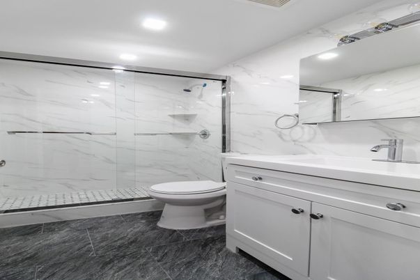 Bathroom, Glass Shower, Interior, Marble Walls, Recessed Lighting