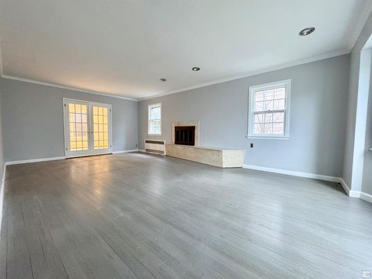 Empty room, Fireplace, Interior, Recessed Lighting, Wood Texture Flooring