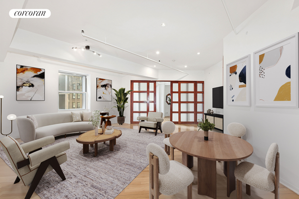 Dining room, Interior, Living room, Recessed Lighting, Wood Texture Flooring
