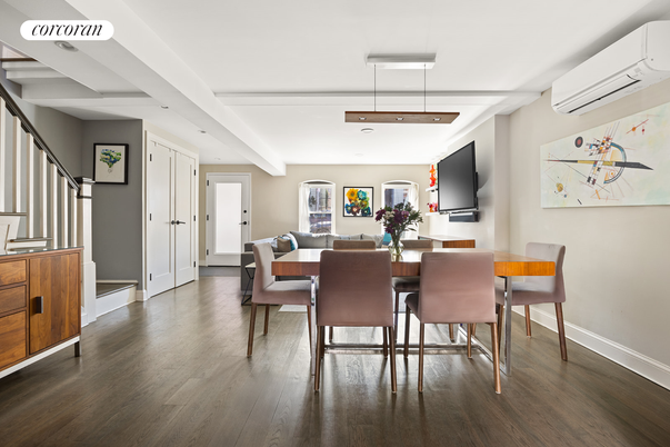 Dining room, Interior, Pendant Lights, Recessed Lighting, Wood Texture Flooring