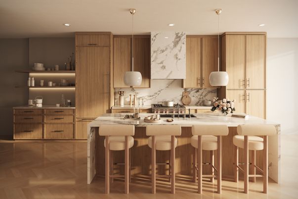 Interior, Kitchen, Marble Walls, Pendant Lights, Recessed Lighting, Wood Texture Flooring