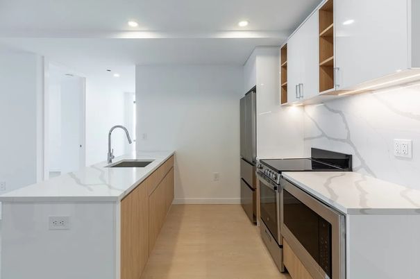 Interior, Kitchen, Marble Walls, Recessed Lighting, Wood Texture Flooring