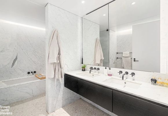 Bathroom, Dual Sink Vanities, Interior, Marble, Marble Walls, Recessed Lighting