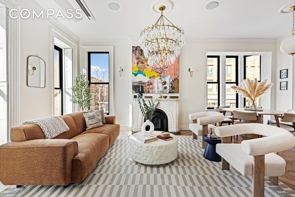 Chandelier, Dining room, Fireplace, Interior, Living room, Pendant Lights, Wood Texture Flooring