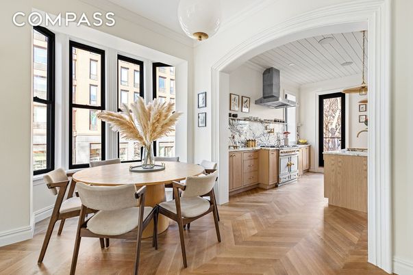 Dining room, Interior, Kitchen, Pendant Lights, Wood Texture Flooring