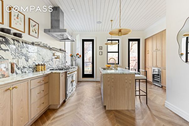 Interior, Kitchen, Marble Walls, Pendant Lights, Wood Texture Flooring