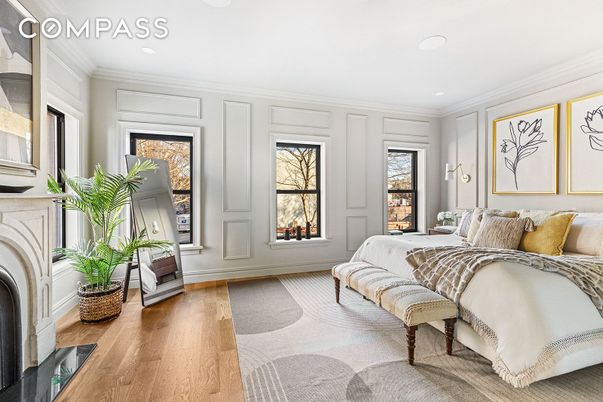 Bedroom, Fireplace, Interior, Recessed Lighting, Wood Texture Flooring