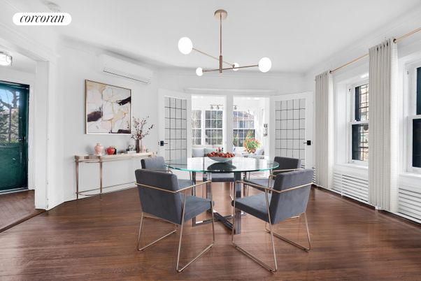Dining room, Interior, Pendant Lights, Wood Texture Flooring