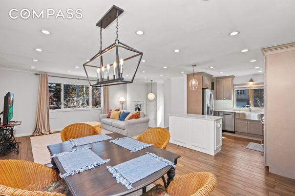 Dining room, Interior, Kitchen, Living room, Pendant Lights, Recessed Lighting, Stainless Steel Appliances, Wood Texture Flooring
