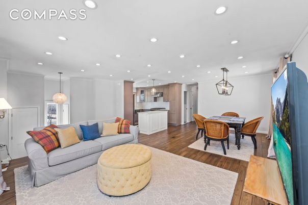 Dining room, Interior, Kitchen, Living room, Pendant Lights, Recessed Lighting, Stainless Steel Appliances, Wood Texture Flooring