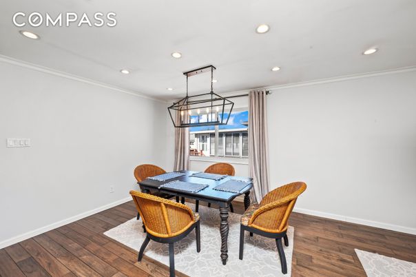 Dining room, Interior, Pendant Lights, Recessed Lighting, Wood Texture Flooring
