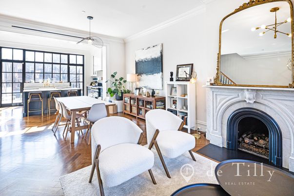 Dining room, Fireplace, Interior, Pendant Lights, Wood Texture Flooring