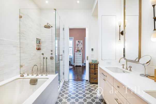 Bathroom, Dual Sink Vanities, Glass Shower, Interior, Recessed Lighting, Wood Texture Flooring