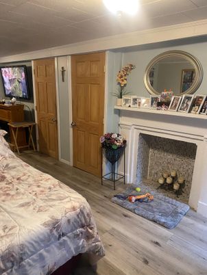 Bedroom, Fireplace, Interior, Wood Texture Flooring
