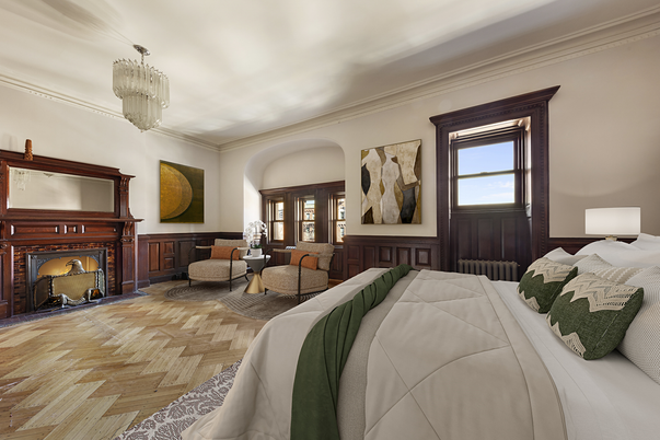 Bedroom, Chandelier, Fireplace, Interior, Wood Texture Flooring