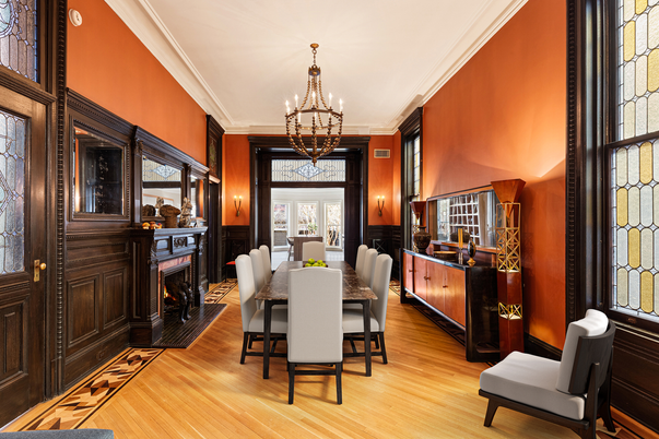 Chandelier, Dining room, Fireplace, Interior, Pendant Lights, Wood Texture Flooring