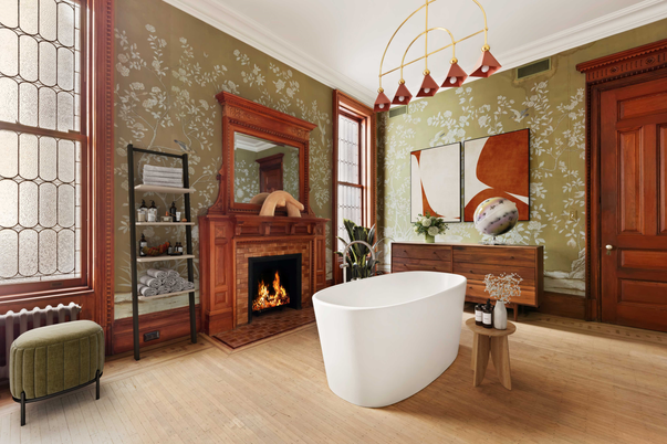 Bathroom, Fireplace, Free Standing Baths, Interior, Wood Texture Flooring