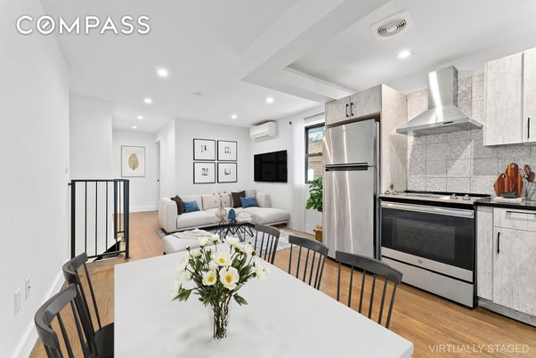 Dining room, Interior, Kitchen, Living room, Recessed Lighting, Stainless Steel Appliances, Wood Texture Flooring