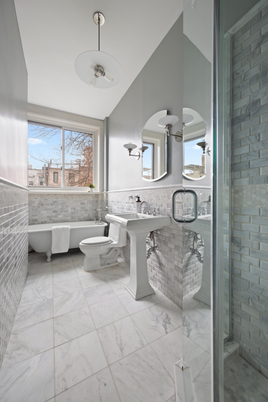 Bathroom, Dual Sink Vanities, Free Standing Baths, Glass Shower, Interior, Marble, Stone Walls